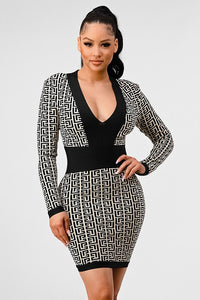 ATHINA BLACK AND WHITE PRINT BANDAGE DRESS