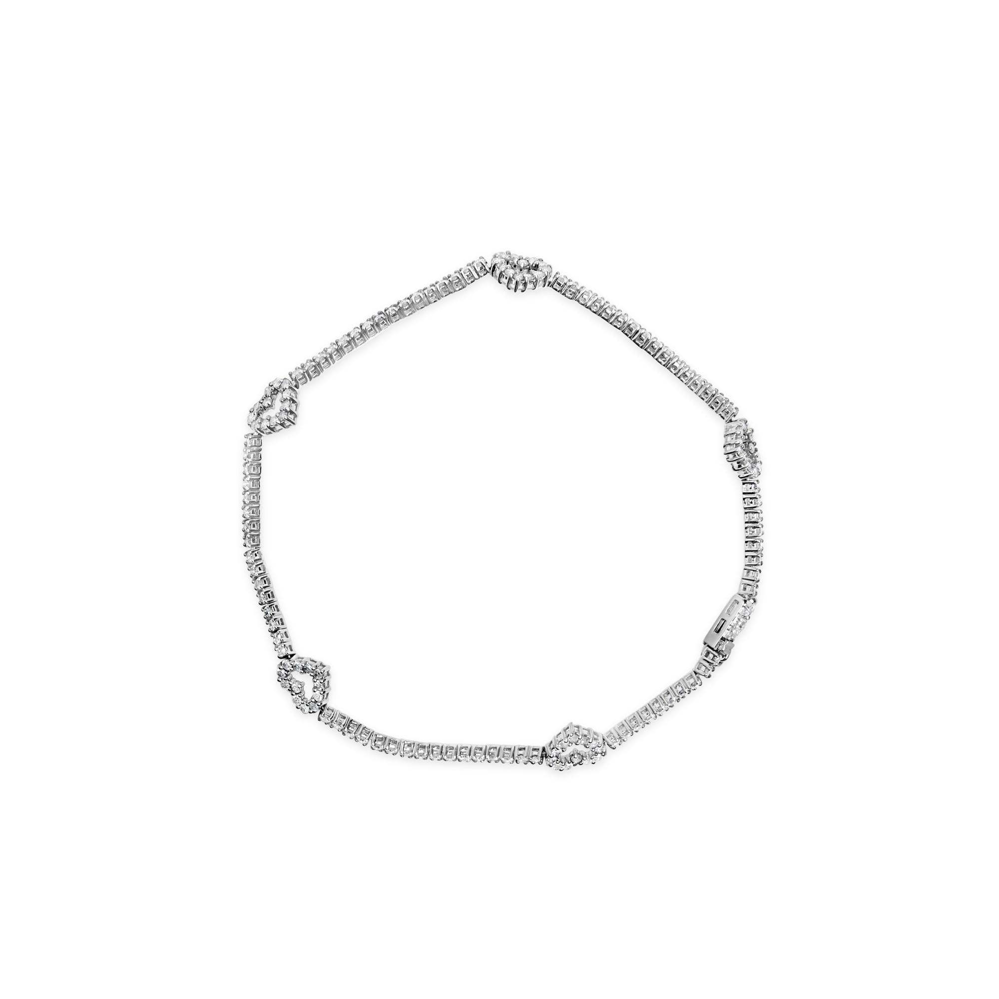 14K White Gold 1 1/2 Cttw Diamond Heart Station Strand Bracelet(H-I Color, I1-I2 Clarity) - 7.5 Inches