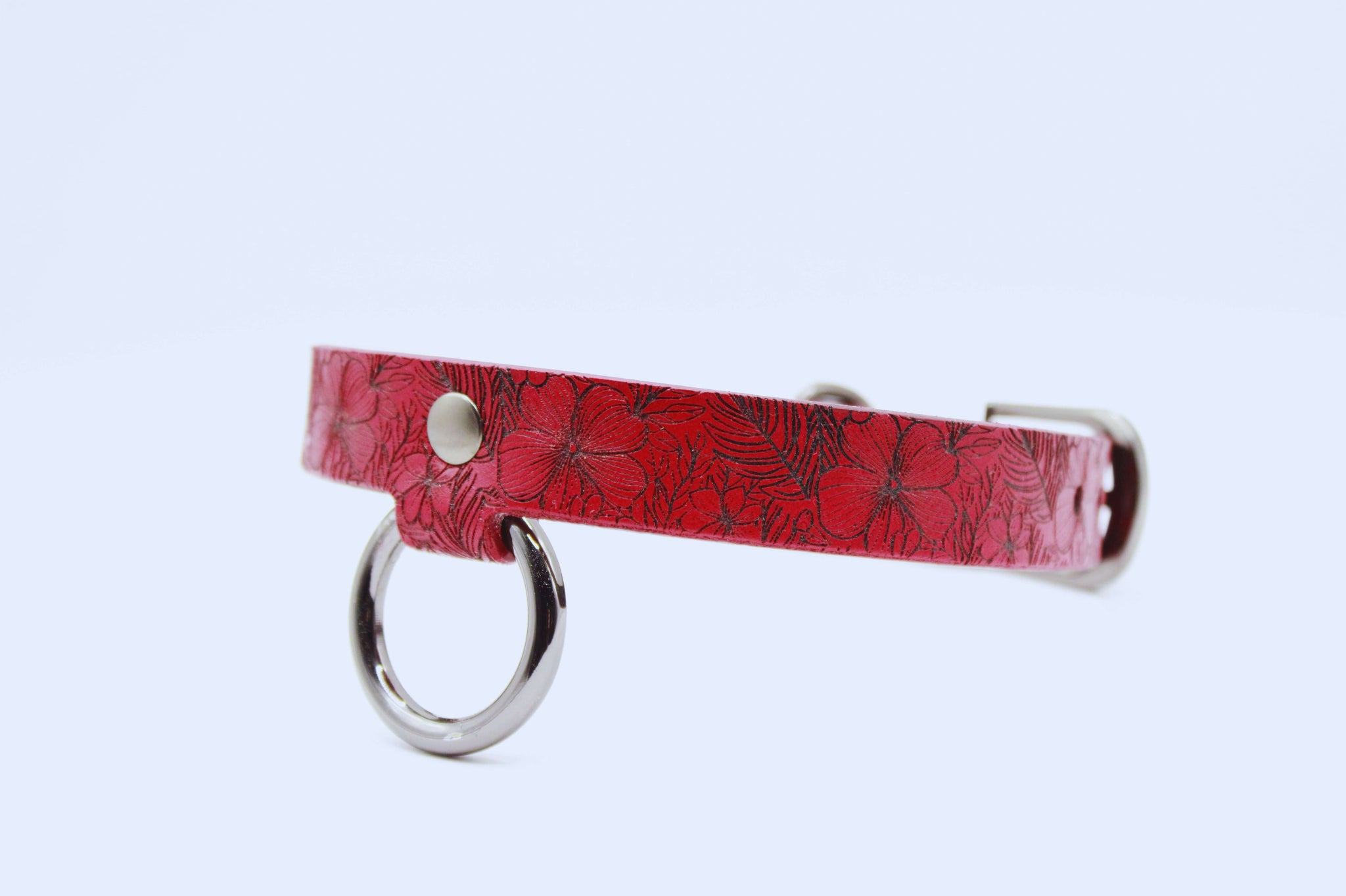 Submissive Collar Red Floral Leather Choker | Discreet Day Collar