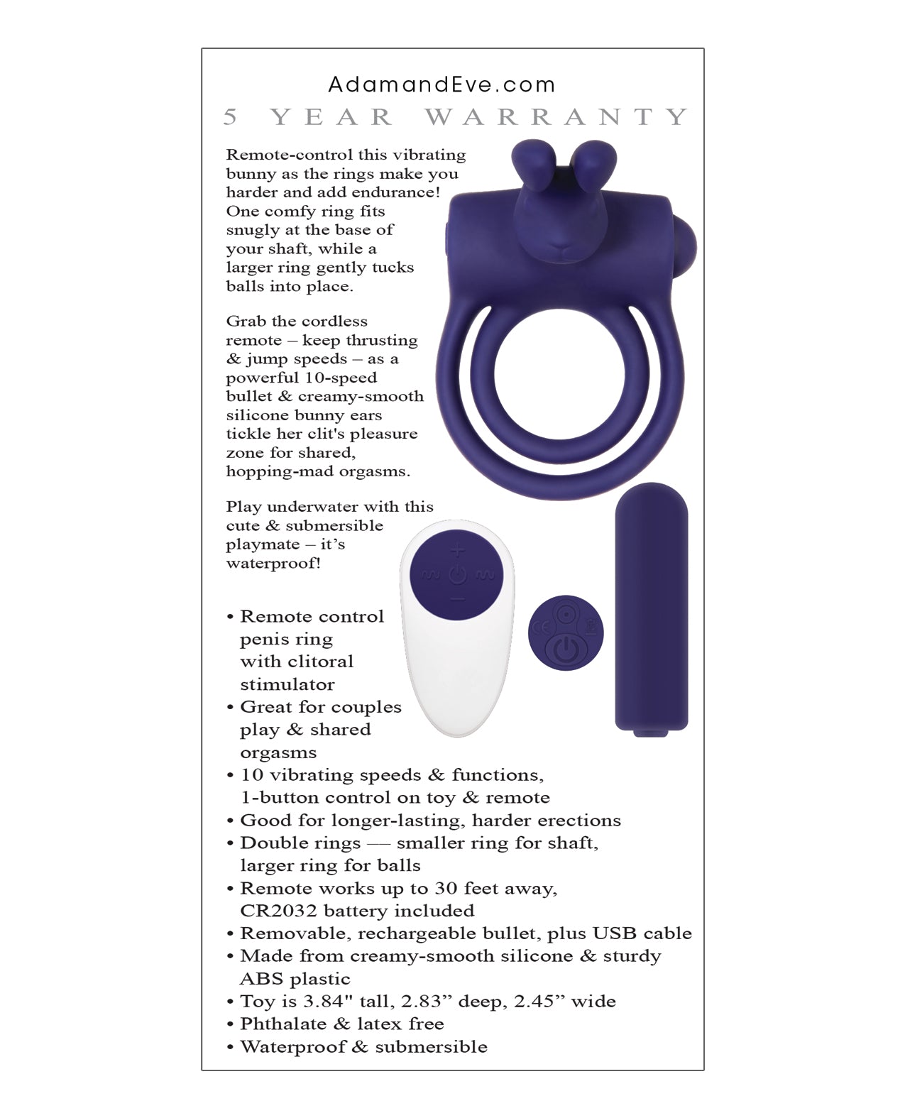 Adam & Eve's Silicone Remote Control Rabbit Ring - Purple