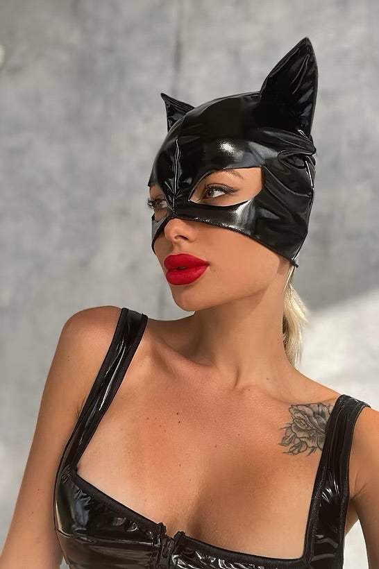 Black Wet-look Cat Cosplay Mask Latex Sexy Full Face Cat Mask