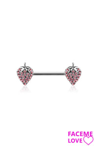 GEM PAVED STRAWBERRY CHARM END 316L SS NIPPLE BAR